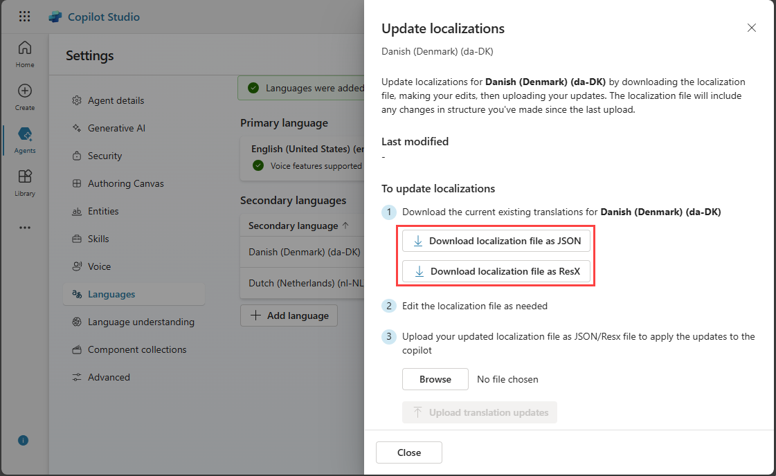 Écran montrant le volet pour télécharger et charger les fichiers de localisation.