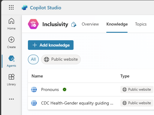 Capture d’écran de la page Connaissances pour l’agent prédéfini Inclusivité.