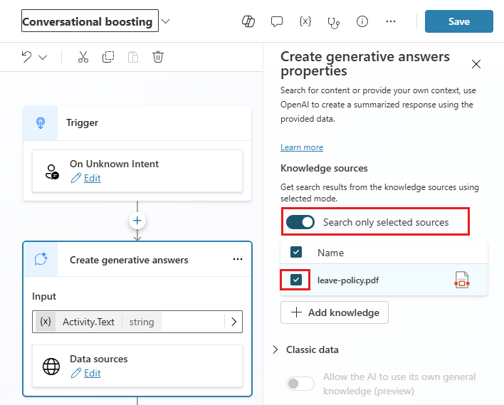 Capture d’écran du nœud Réponses génératives configuré pour utiliser une source de connaissances spécifique.