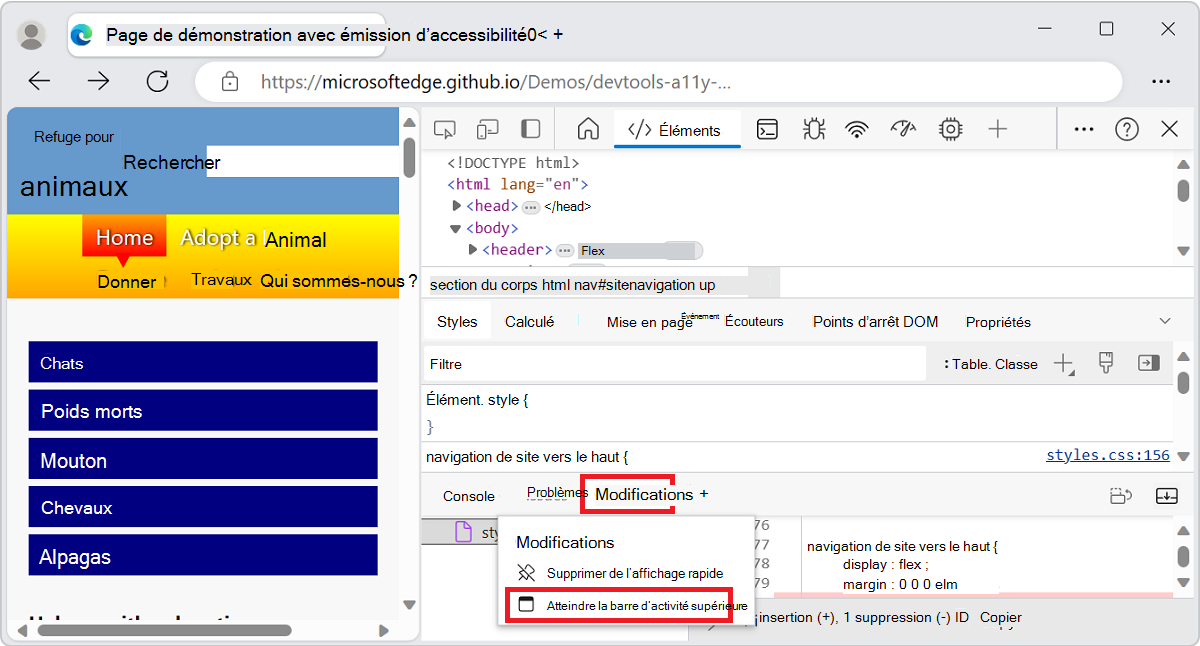 Menu contextuel d’un outil dans la barre d’outils Affichage rapide, y compris la commande « Déplacer vers la barre d’activité supérieure »