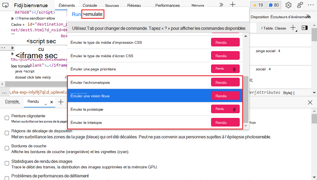 Menu de commandes montrant les différents types de déficiences visuelles