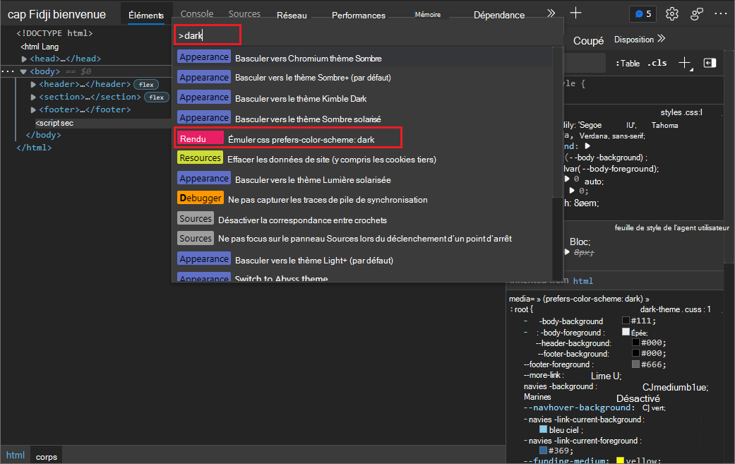 Émulation du mode sombre ou clair à l’aide des commandes « Rendu : Émuler CSS prefers-color-scheme » dans le menu Commandes