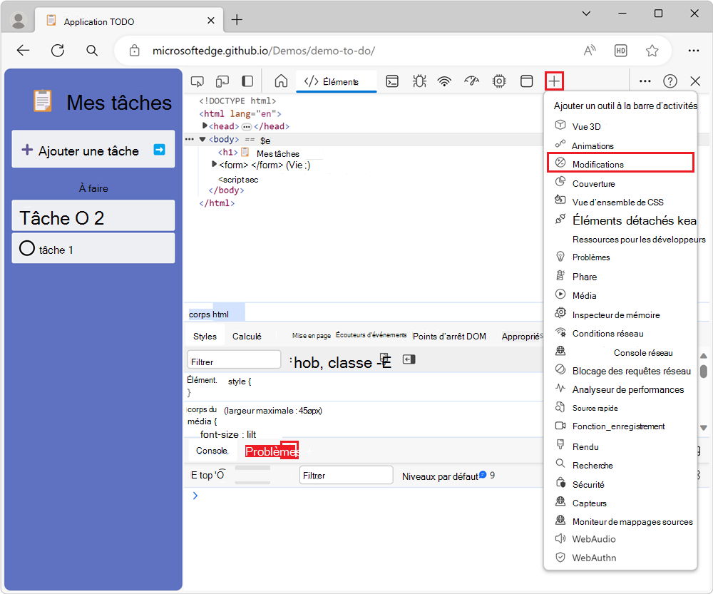 Icône et menu « Autres outils » (+) dans la barre d’activité, avec l’outil Modifications sélectionné