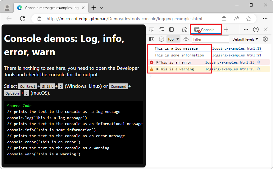 La console affiche les messages provenant de différentes API de journal