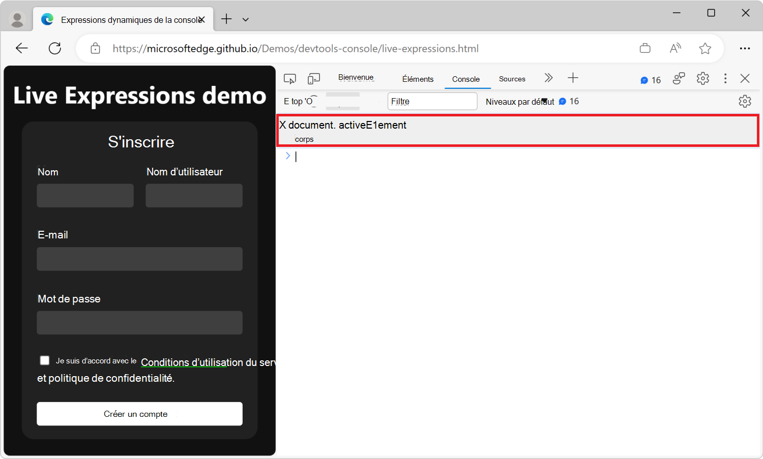 L’outil Console, avec une ligne Expression dynamique sous la barre d’outils, montrant l’expression JavaScript document.activeElement et son résultat actuel : body