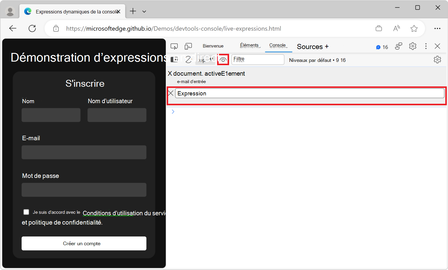 L’outil Console dans DevTools, avec une expression en direct et une nouvelle zone de texte d’expression en direct en dessous