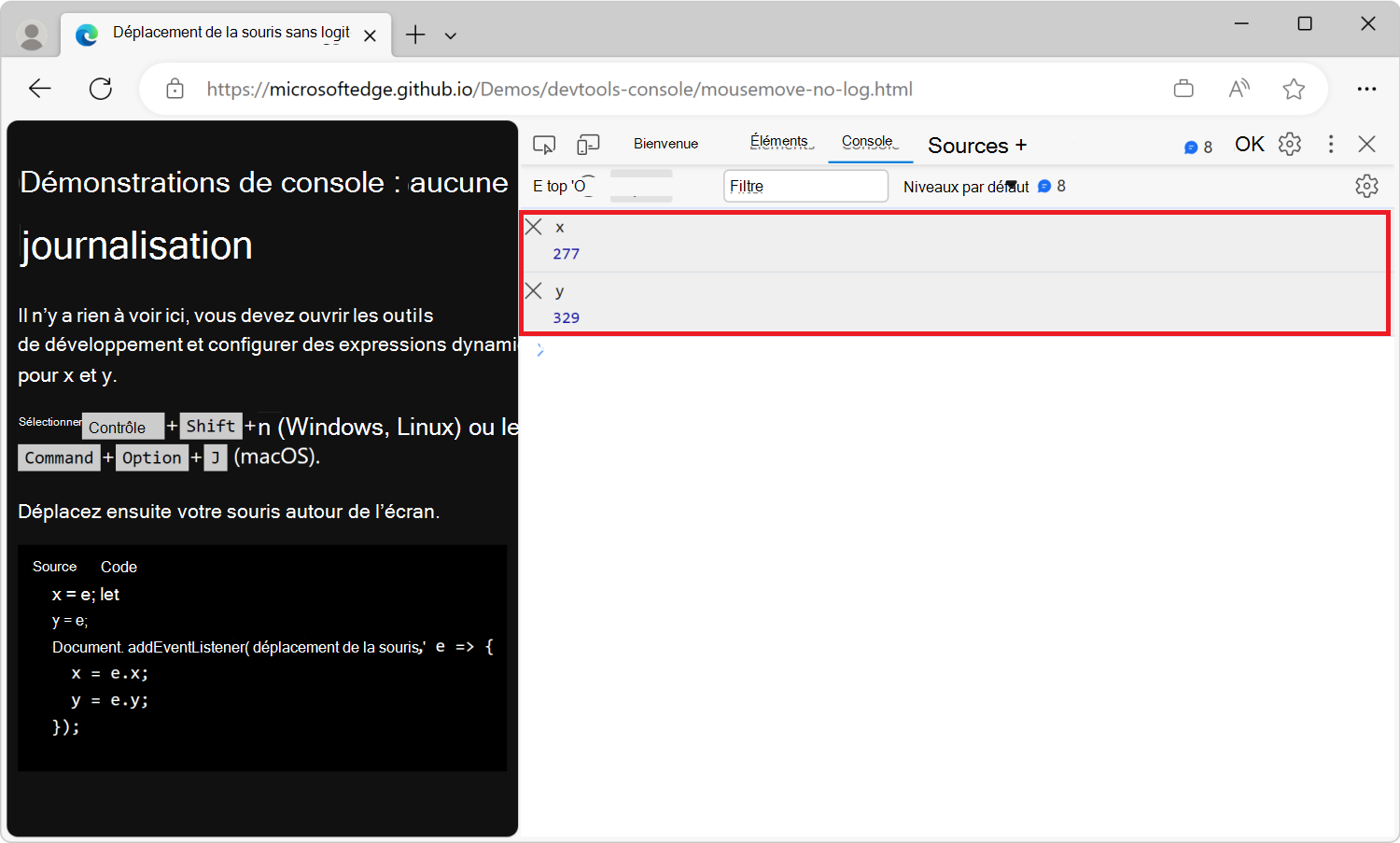 L’outil Console, avec les expressions dynamiques x et y, montrant les coordonnées de la souris dans la page web rendue