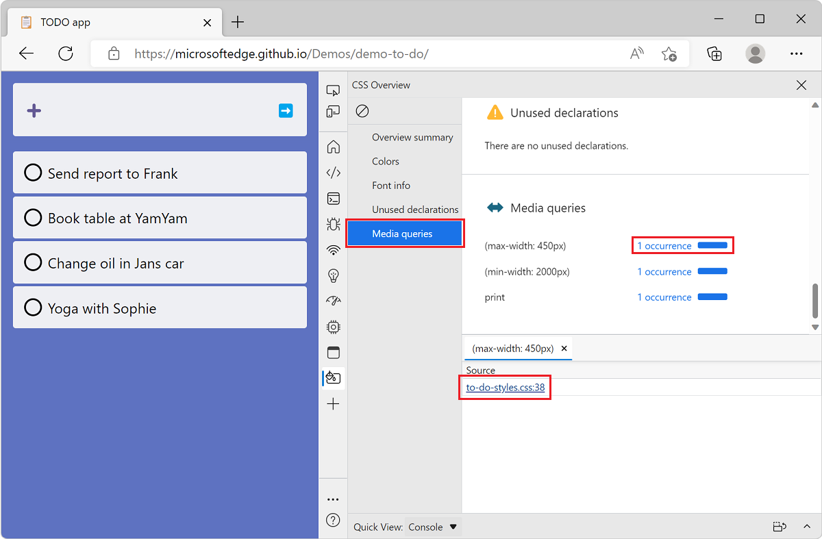 Microsoft Edge, avec l’application de démonstration liste des tâches et DevTools, montrant la section requêtes multimédias de l’outil Vue d’ensemble et la liste des fichiers qui contiennent une requête multimédia donnée