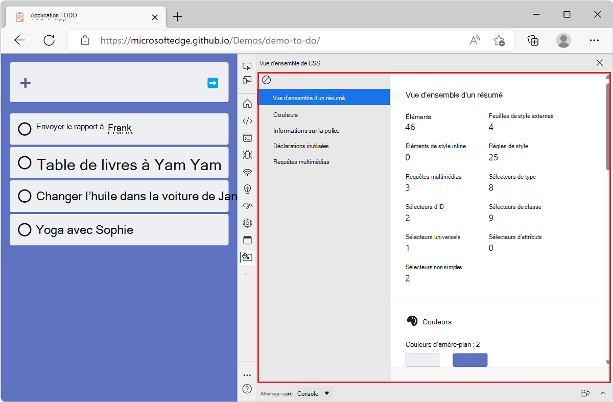 Microsoft Edge, avec l’application de démonstration liste todo et DevTools à côté, affichant le rapport vue d’ensemble css pour ce site