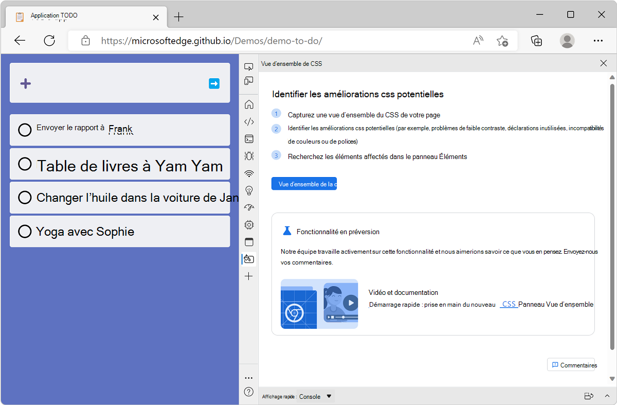 Microsoft Edge, avec l’application de démonstration liste todo et DevTools à côté, affichant l’écran d’accueil Vue d’ensemble de CSS