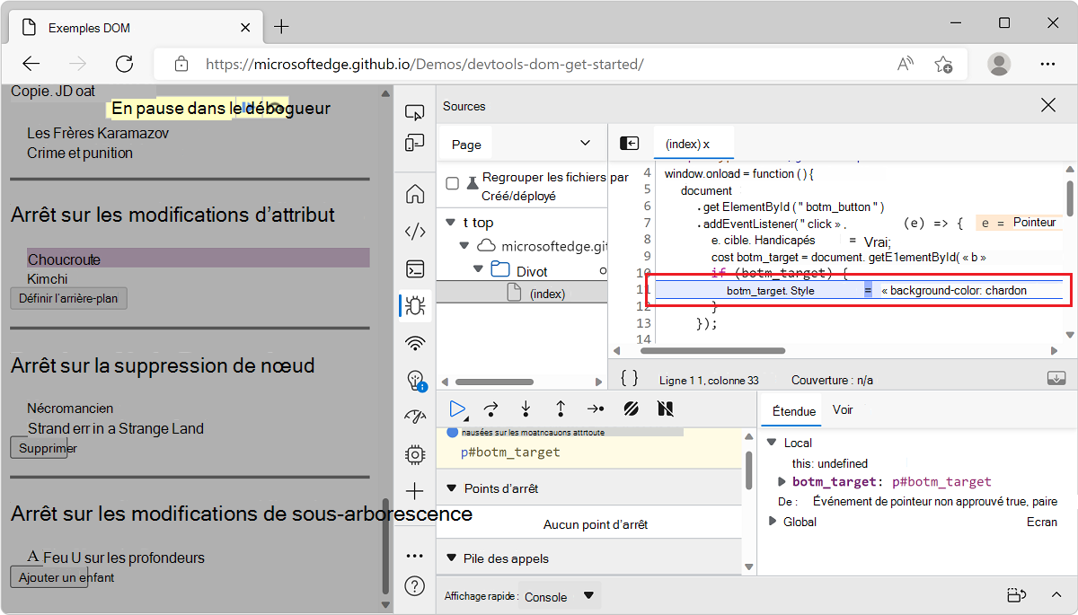 Outil Sources affichant la ligne de code qui a provoqué la modification de l’attribut