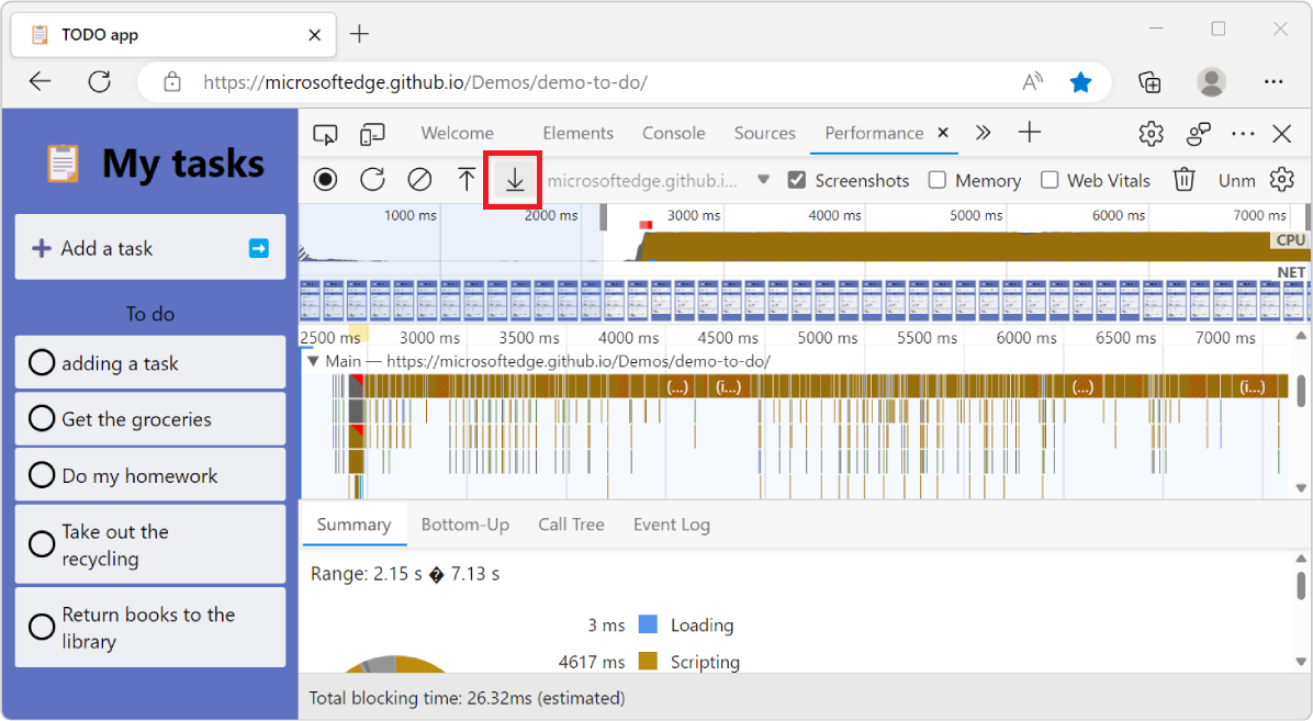 Microsoft Edge avec DevTools, montrant l’outil Performance, avec le bouton Enregistrer le profil