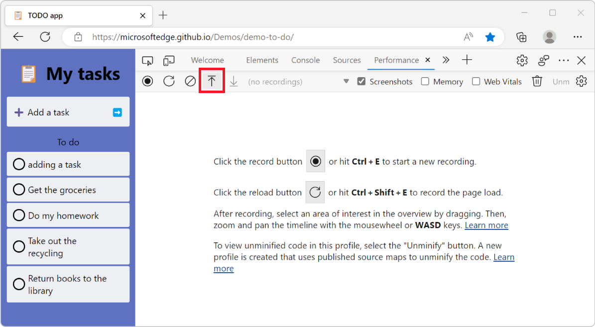 Microsoft Edge, montrant l’outil Performance dans DevTools, avec le bouton Charger le profil