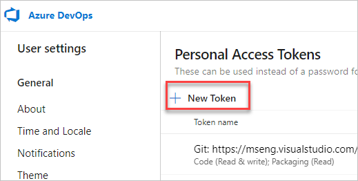 Page « Jetons d’accès personnels » dans Azure DevOps