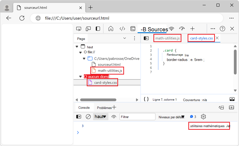 Outils Sources et console, montrant les noms de fichiers virtuels