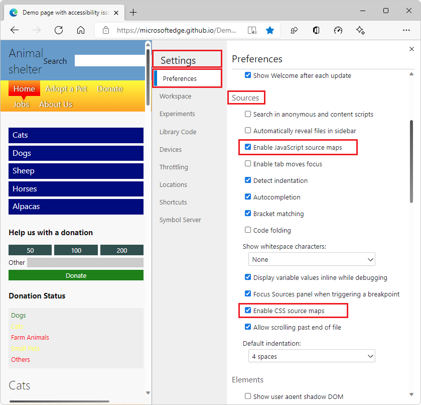 La section Sources de la page Préférences avec les cases « Activer les mappages de sources » cochées