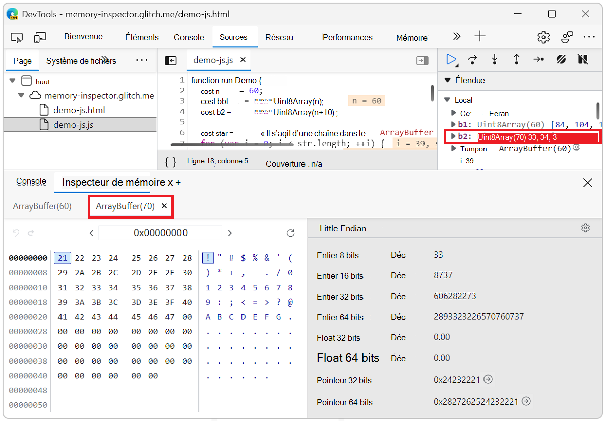 Deux onglets ArrayBuffer s’ouvrent dans le panneau Inspecteur de mémoire