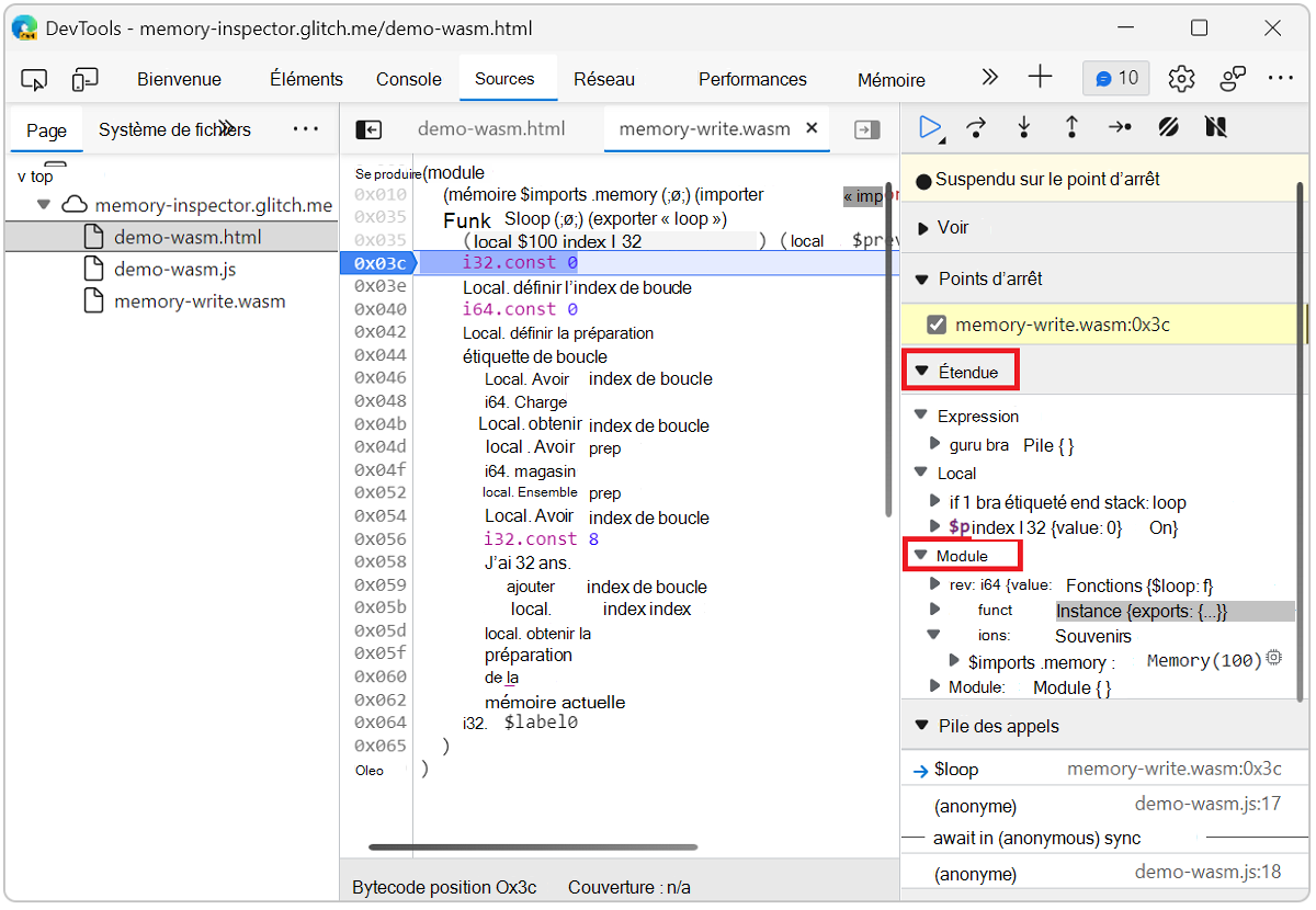 Définir le point d’arrêt de l’inspecteur de mémoire dans le fichier Wasm