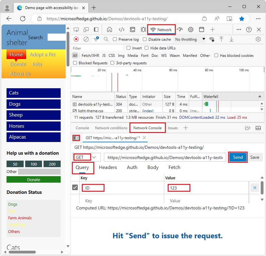 Modification de la demande réseau, puis cliquez sur Envoyer, dans l’outil Console réseau