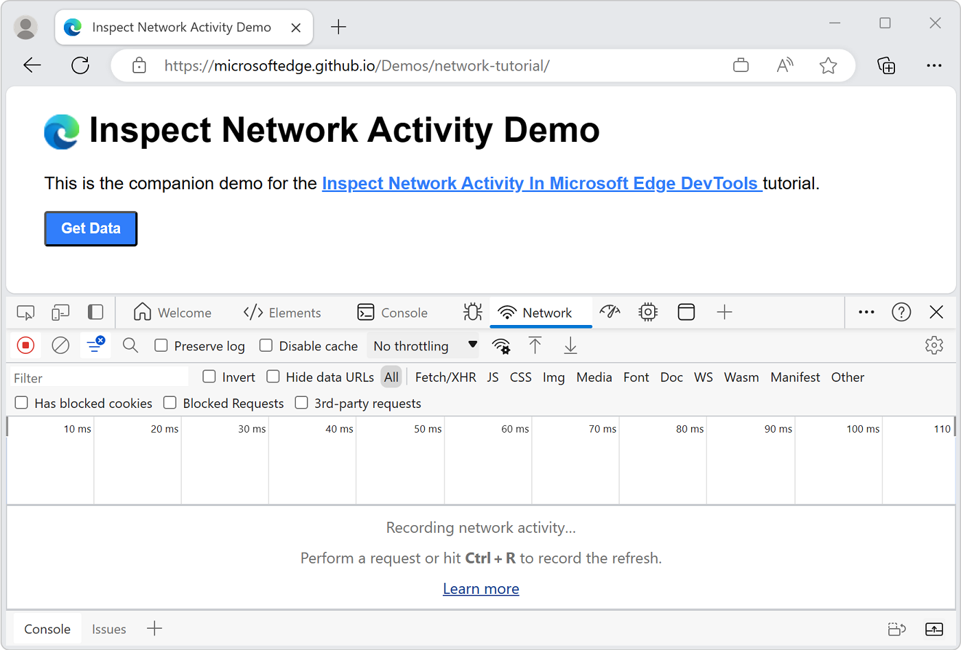 Outil réseau dans DevTools, avec DevTools ancré au bas de la fenêtre