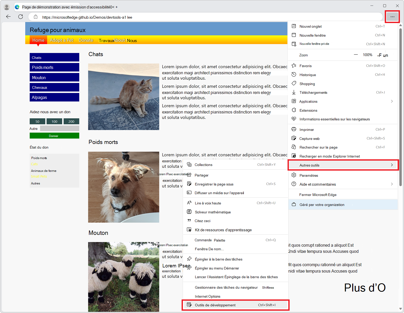 Le menu « Paramètres et plus » de Microsoft Edge, avec le sous-menu « Autres outils » et la commande « Outils de développement »