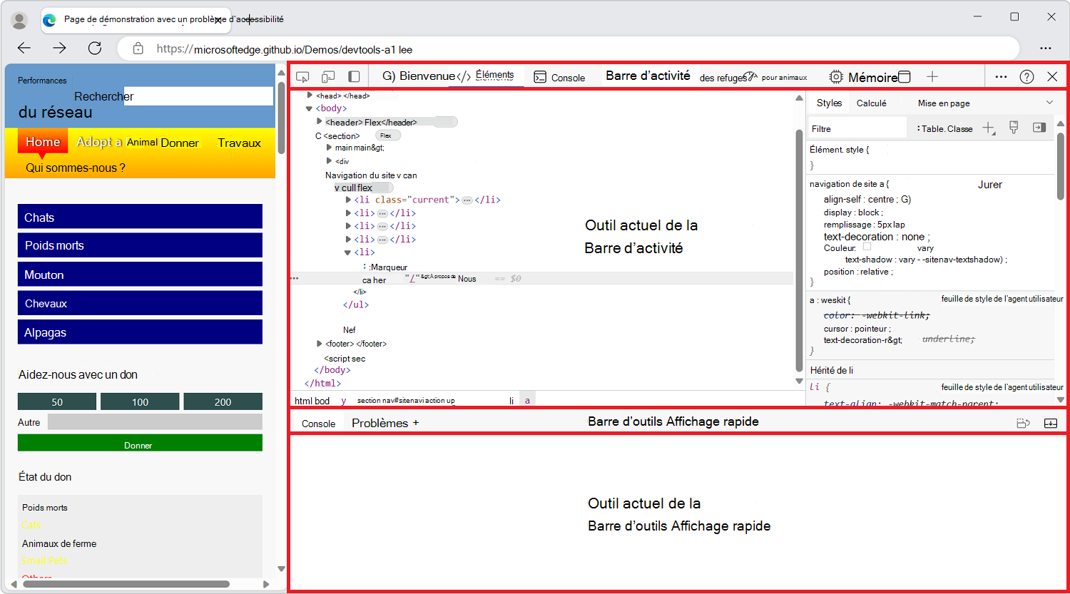 Microsoft Edge, avec DevTools ouvert sur le côté, avec les 4 zones d’interface utilisateur main mises en évidence