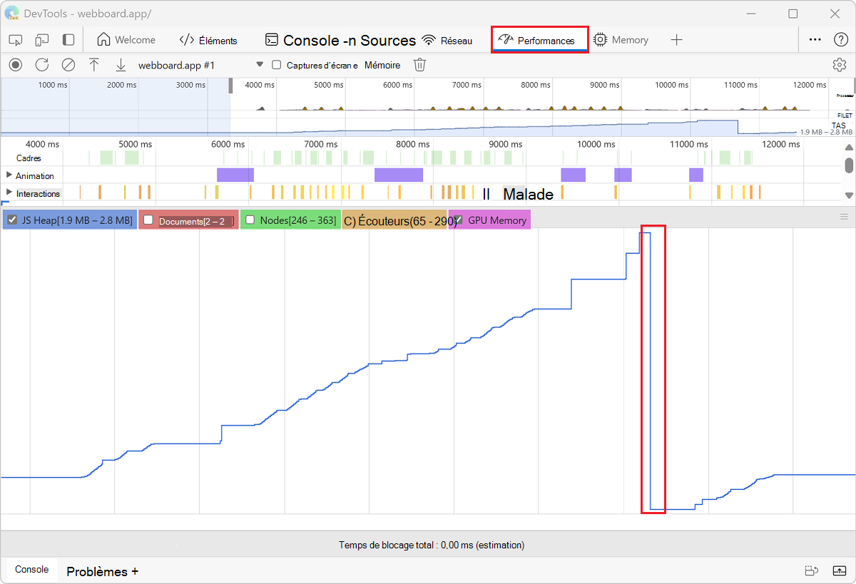 Opération GC affichée dans l’outil Performances