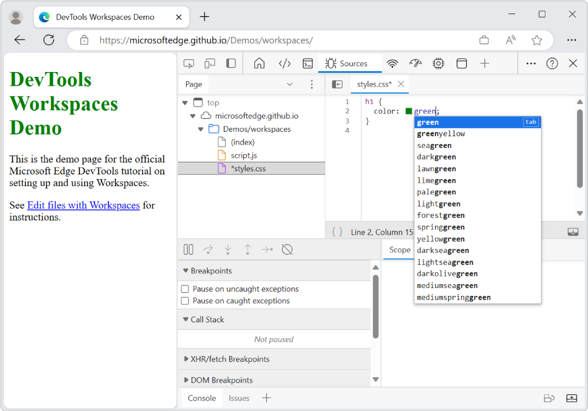 Modifier css dans le volet Rédacteur pour modifier la couleur du texte de l’en-tête H1 en vert