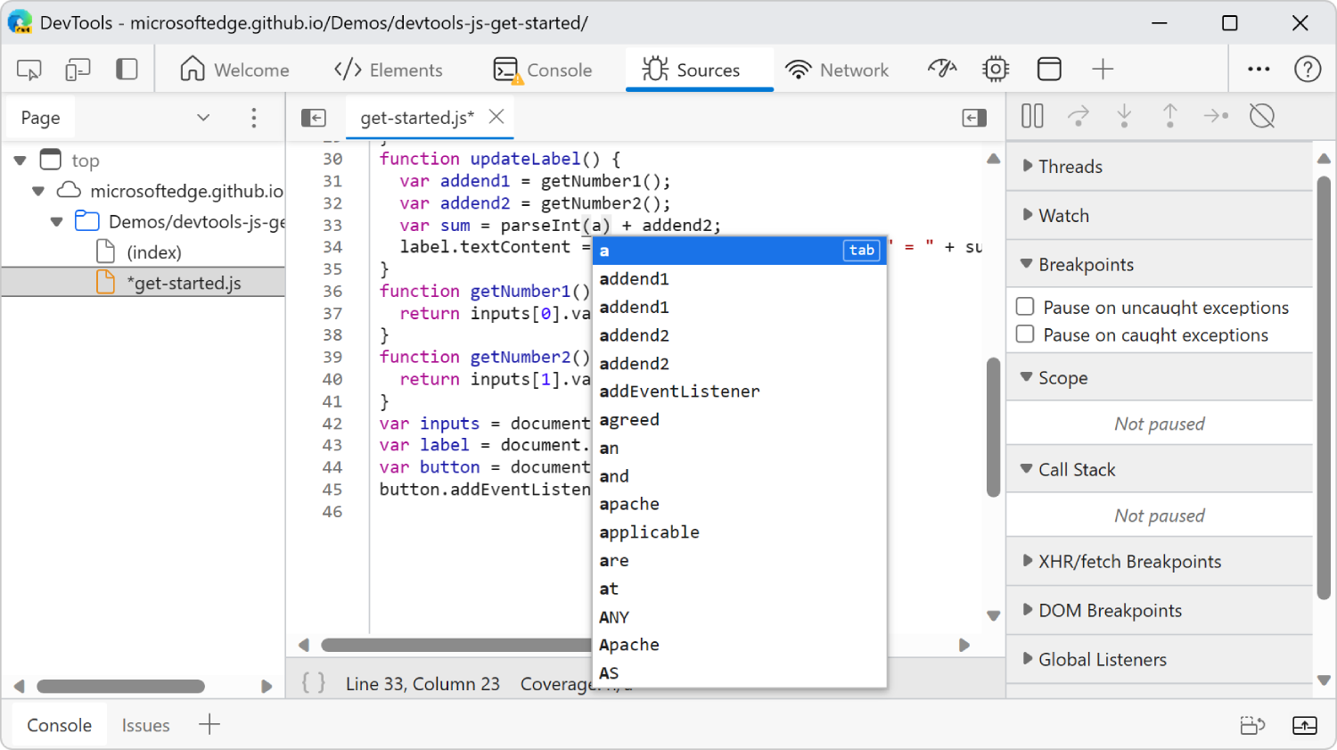 Modification de JavaScript dans le volet Rédacteur