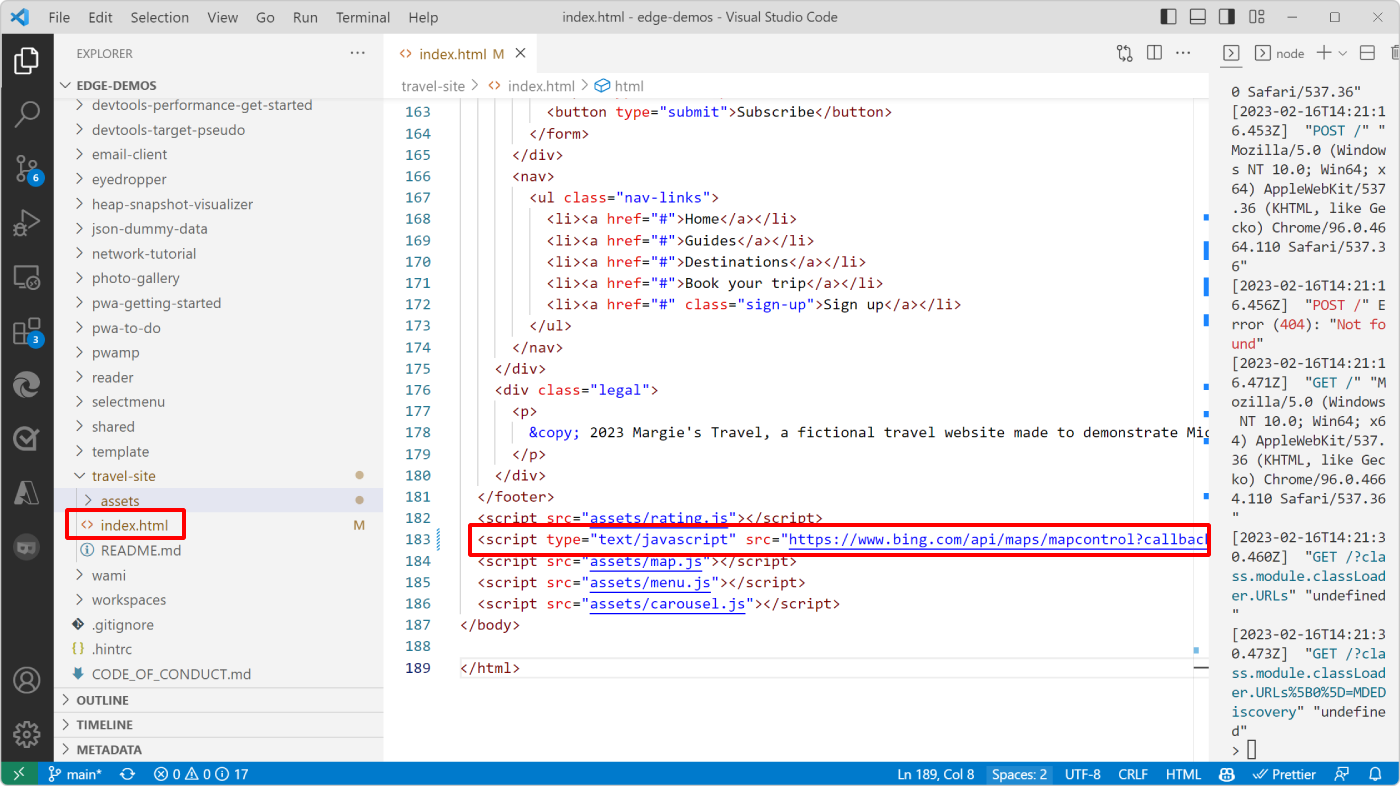 Visual Studio Code, montrant le code index.html et la balise de script de carte Bing