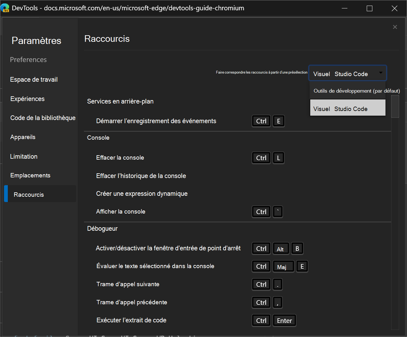Faire correspondre les raccourcis clavier dans DevTools à Visual Studio Code