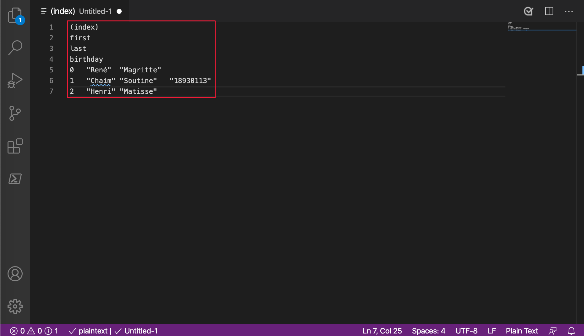 table Sortie de l’API console de Microsoft Edge 86 ou version ultérieure collée dans Visual Studio Code