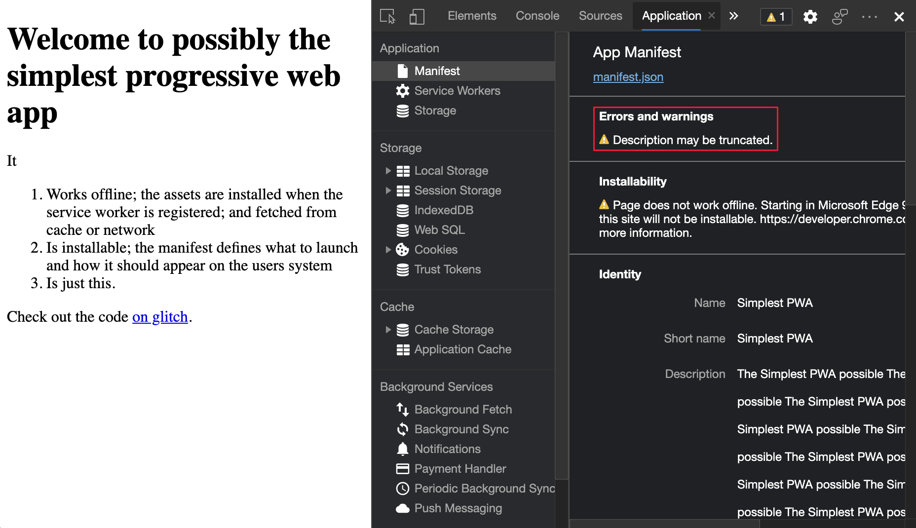 Avertissement de troncation de description PWA