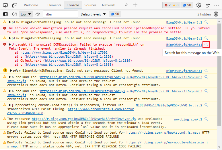 Tous les messages d’erreur et d’avertissement dans la console comportent désormais une icône Rechercher sur le web