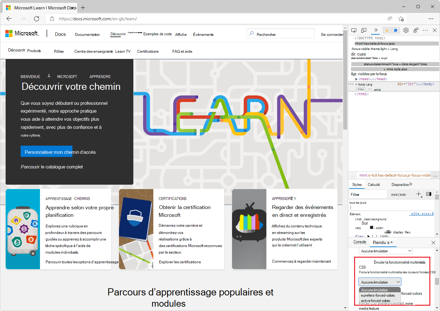 Une page web sans émulation des couleurs forcées activée dans l’outil Rendu