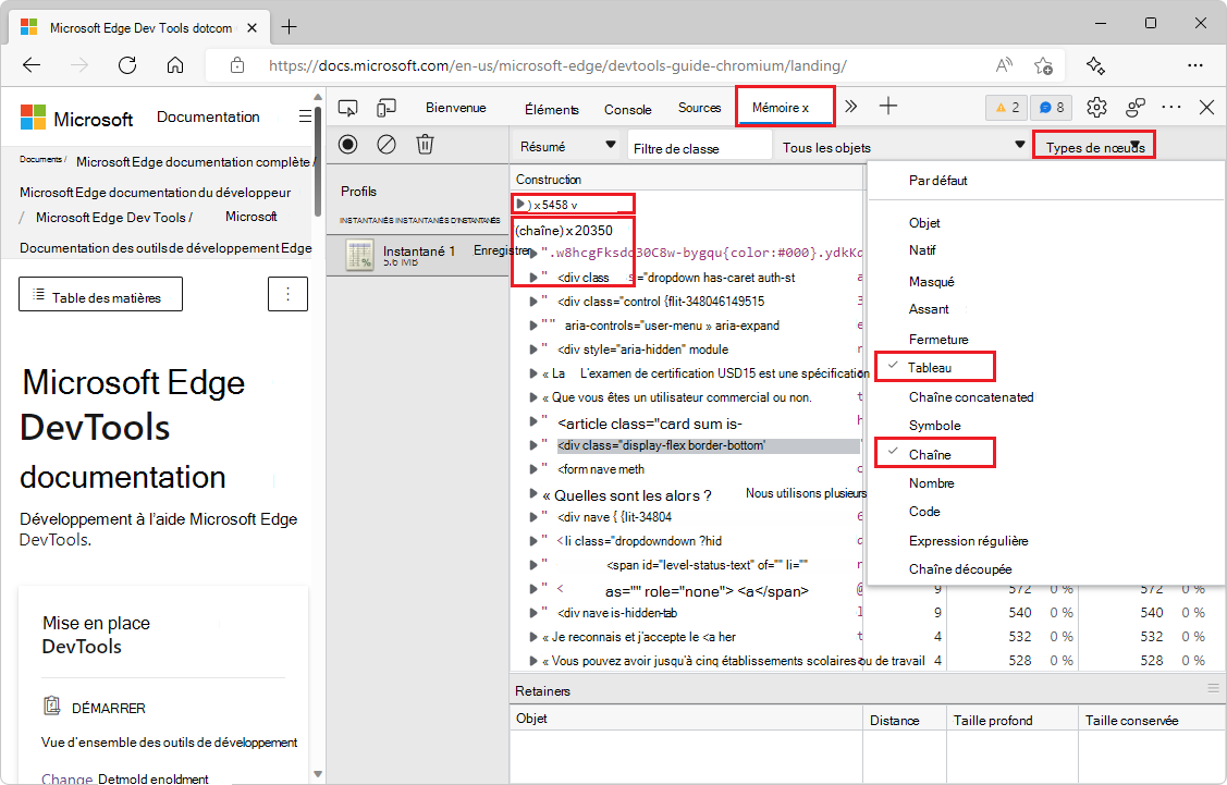 Types de nœuds dans un tas instantané dans l’outil Mémoire