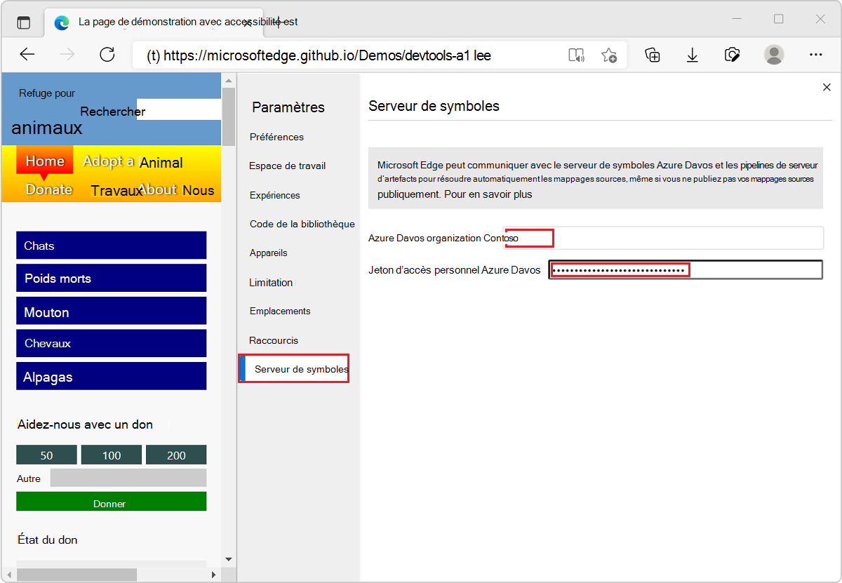 Page « Serveur de symboles » dans les paramètres DevTools, où vous entrez votre jeton d’accès personnel Azure DevOps