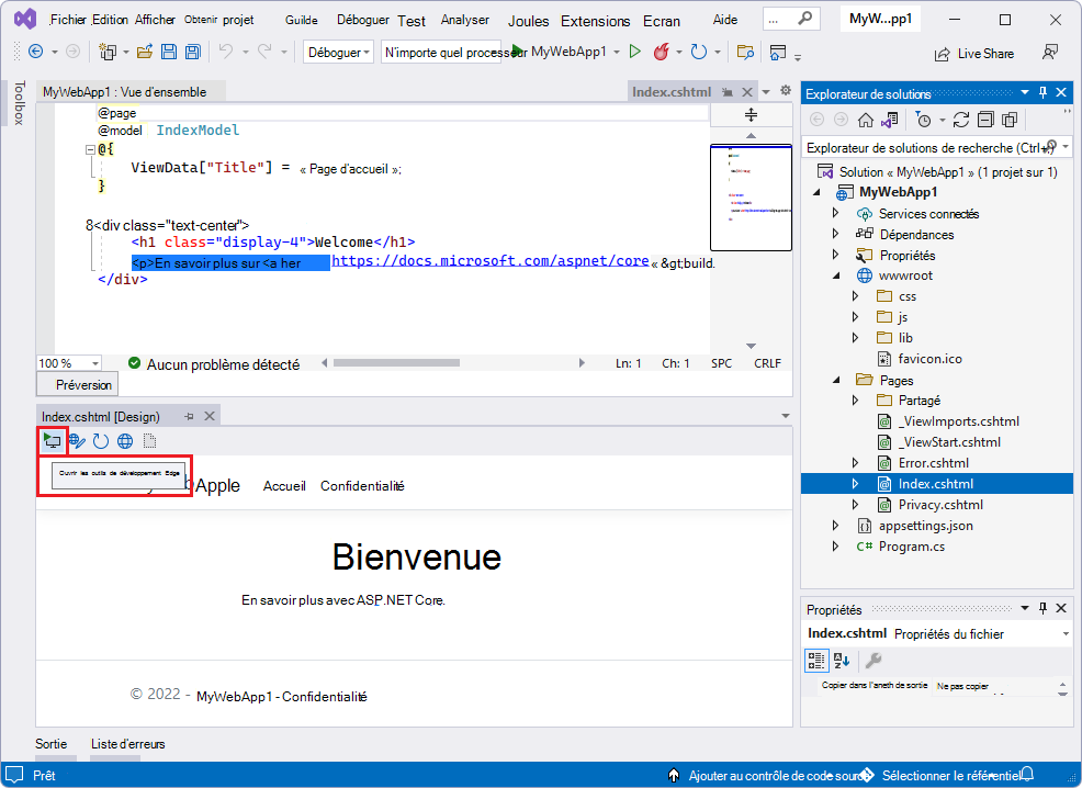 Un projet ASP.NET, ouvrant DevTools Edge