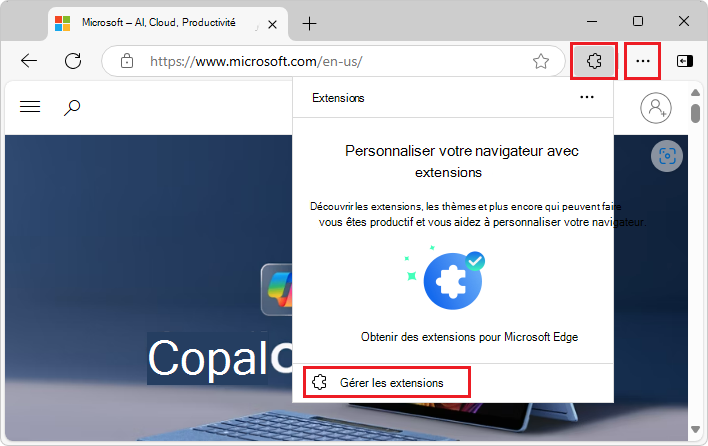 Fenêtre contextuelle Extensions quand aucune extension n’est installée