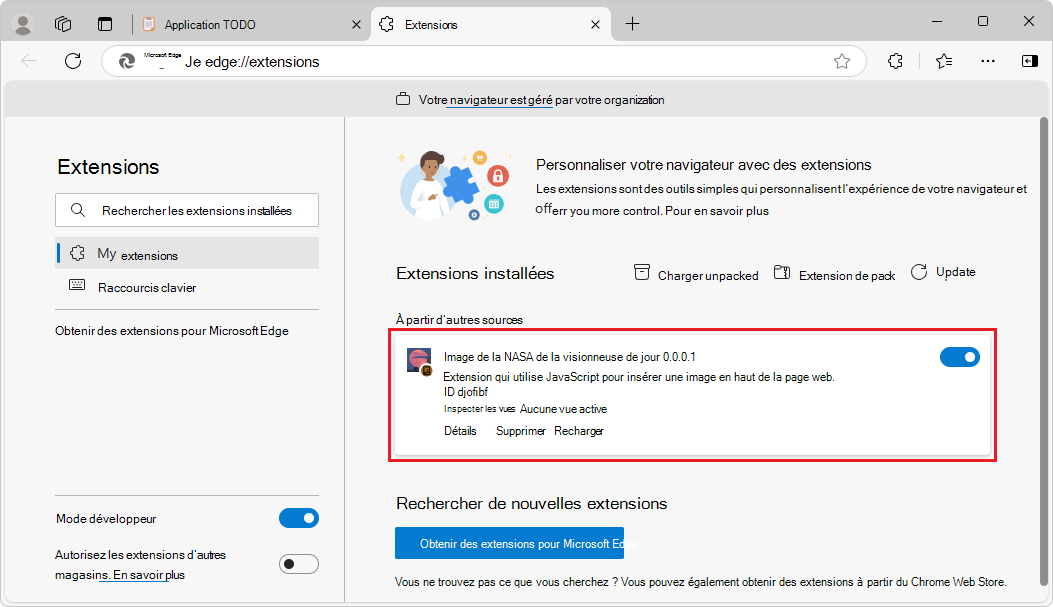 Page Extensions installées, montrant une extension chargée de manière indépendante