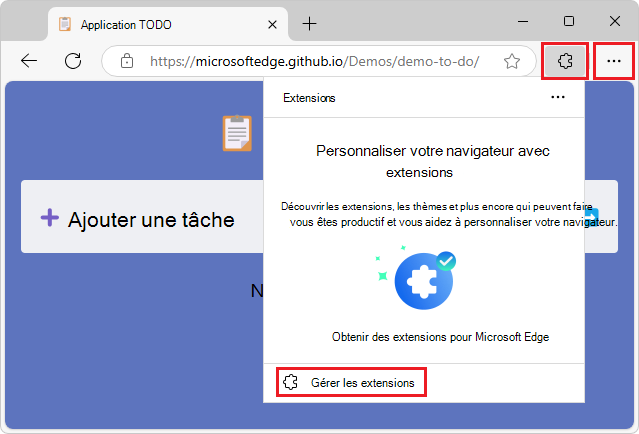 Fenêtre contextuelle Extensions quand aucune extension n’est installée