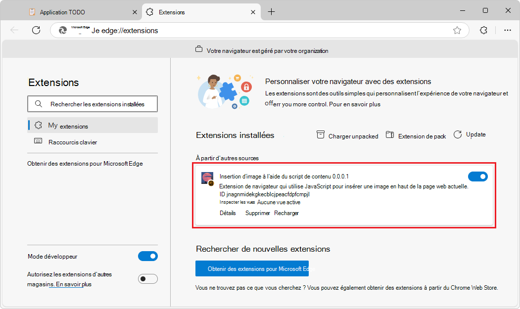 Page Extensions installées, montrant une extension chargée de manière indépendante