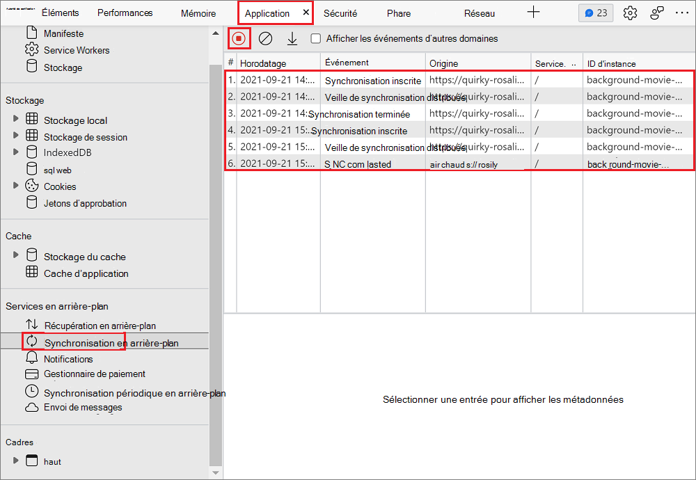 Événements de synchronisation en arrière-plan des journaux