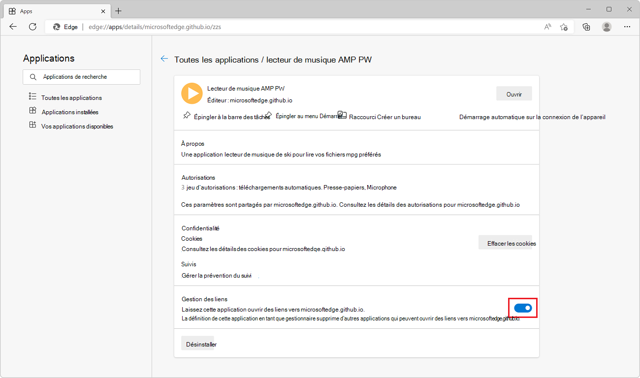 Page de détails edge://apps pour l’application lecteur de musique PWAmp, montrant où se trouve le bouton bascule de gestion des liens