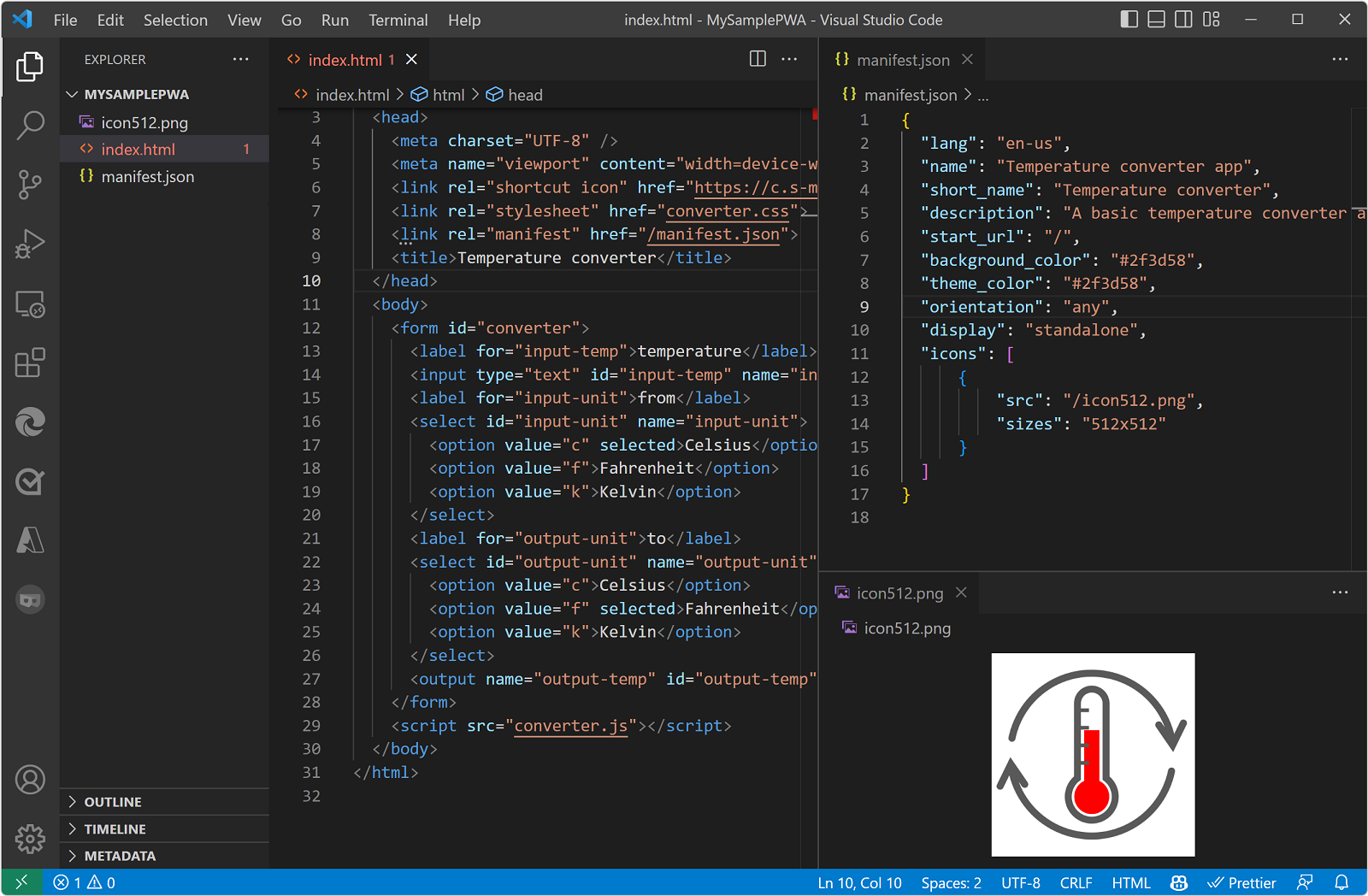 Capture d’écran de VS Code montrant l’exemple de projet PWA, avec les fichiers index.html, manifest.json et icônes