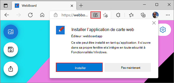 Invite d’installation dans Microsoft Edge