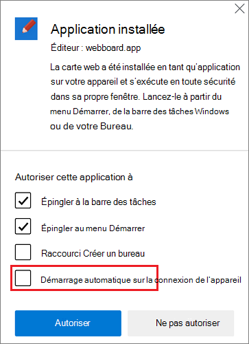 La boîte de dialogue post-installation s’ouvre automatiquement après l’installation d’une application