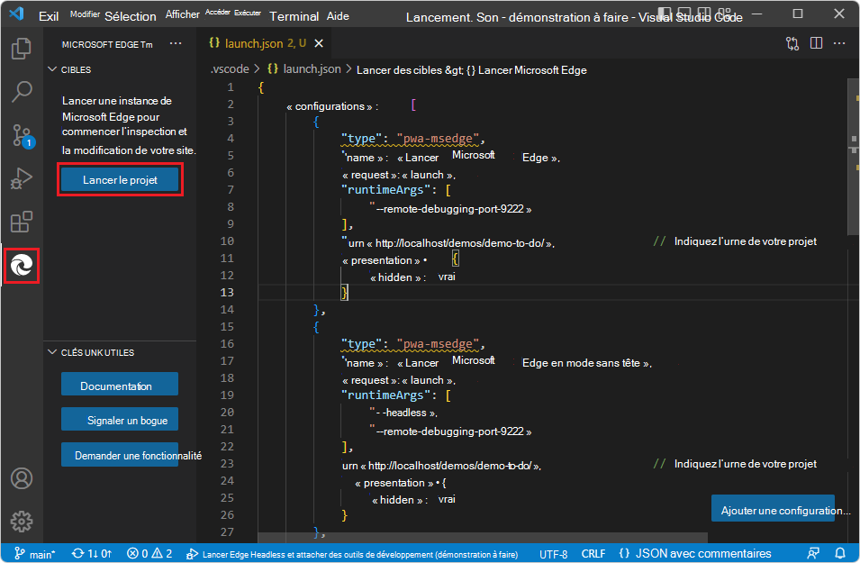 Volet Cibles lorsqu’un fichier launch.json existe