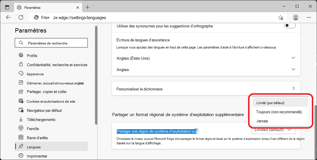 Menu « Partager un format régional de système d’exploitation supplémentaire » avec l’option Limitée (par défaut) sélectionnée