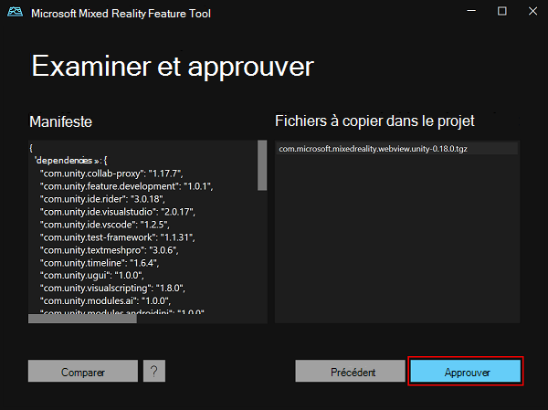Volet Vérifier et approuver dans l’outil de fonctionnalité Mixed Reality